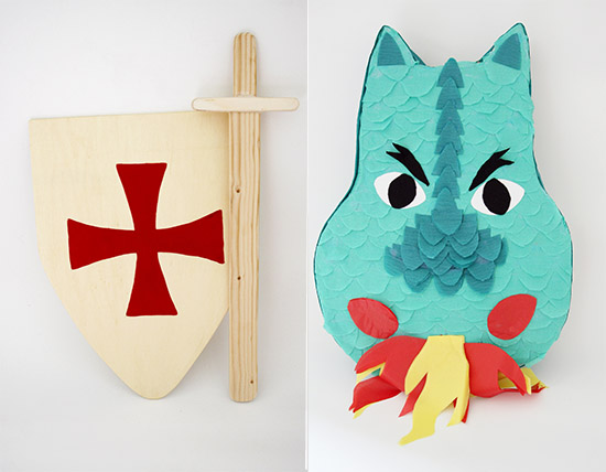 Piñata, espadas y escudos de madera